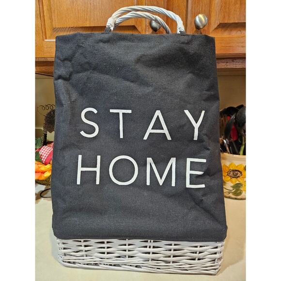 Stay Home Tote Large Black Canvas & Wicker Bottom & Handles - Picture 1 of 8
